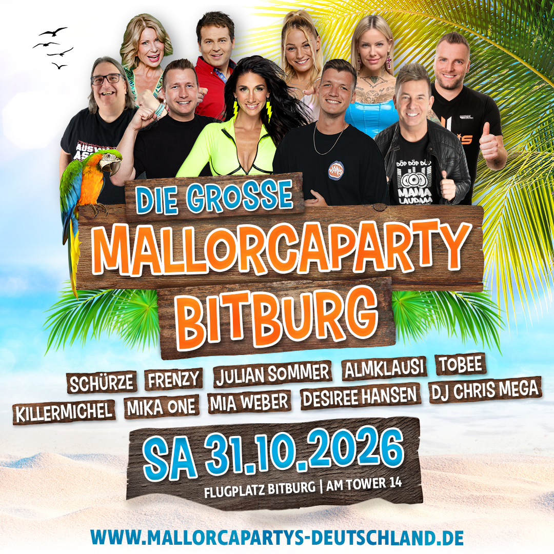 Flyer Mallorcaparty Bitburg 2026 mit Julian Sommer, Frenzy und Almklausi