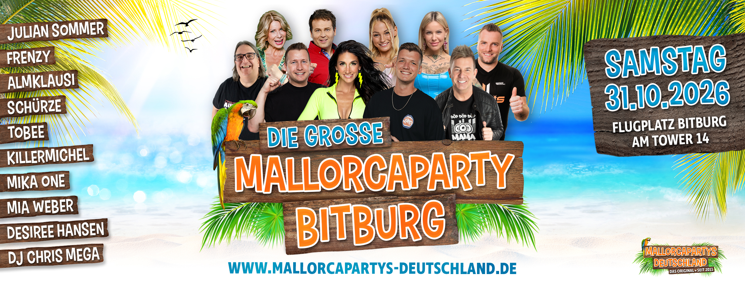 Banner Mallorcaparty Bitburg 2026 mit Julian Sommer, Frenzy und Almklausi