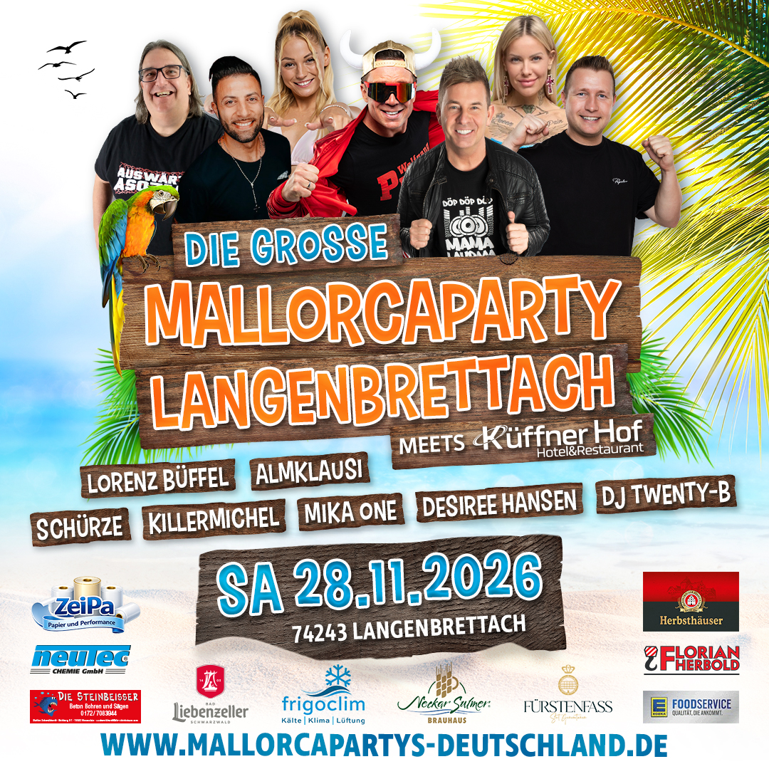 Flyer Mallorcaparty Langenbrettach 2026 mit Lorenz Büffel, Killermichel und Schürze