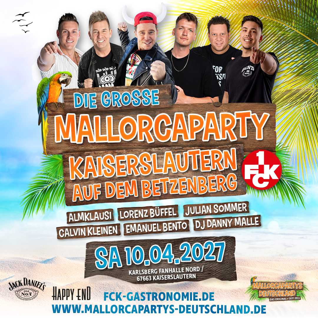 Flyer Mallorcaparty Kaiserslautern 2027 mit Almklausi, Lorenz Büffel und Julian Sommer