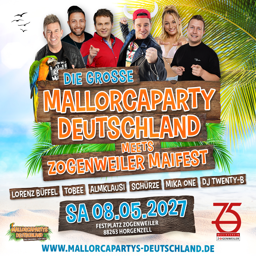 Flyer Mallorcaparty Zogenweiler 2027 mit Lorenz Büffel, Tobee und Almklausi